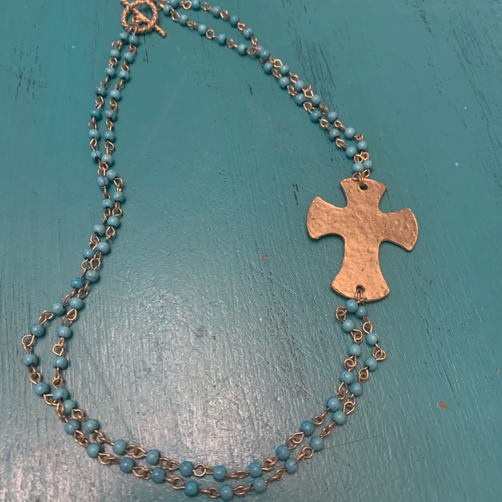 Turquoise & gold necklace with gold cross